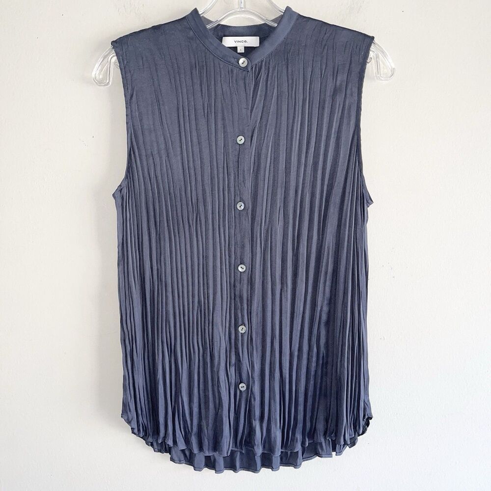 Vince Blue Pleated Satin Top Size S High Neck Sleeveless Timeless Lightweight